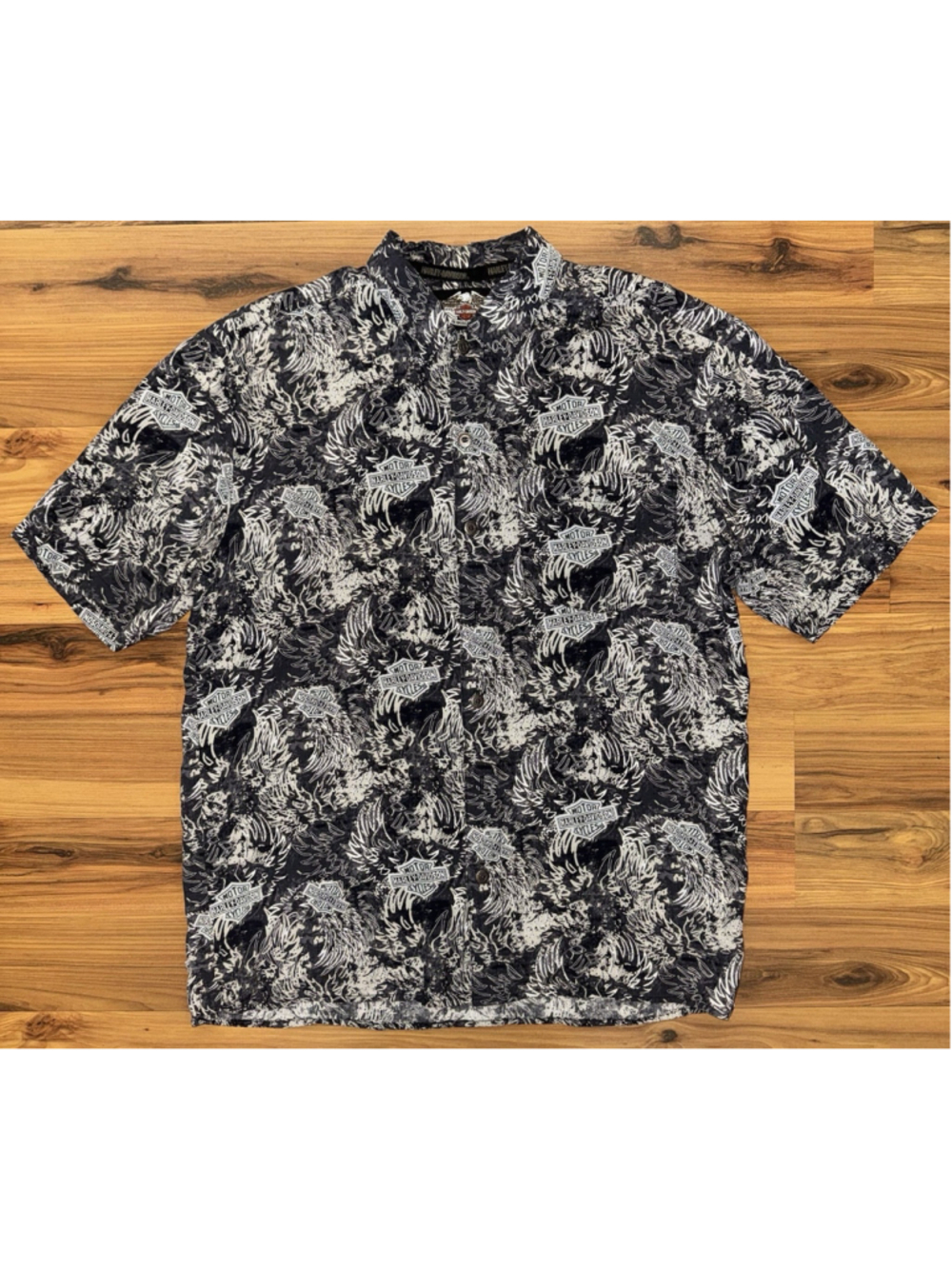 Vintage Y2K Harley Davidson AOP Rayon Button Up Shirt Biker Grunge Medium